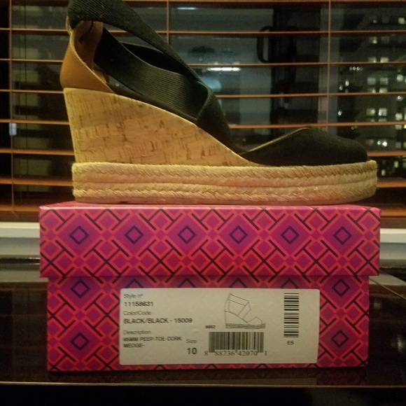 Tory Burch 85mm Peep Toe Black Cork Wedge - Picture 2 of 4